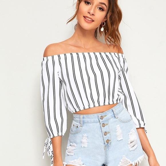 SHEIN Tops - Striped Off Shoulder Knot Cuffed Blouse